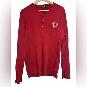 True Religion Shirt Mens Lg Red Dahlia Long Sleeve Rib Henley Waffle Logo EUC